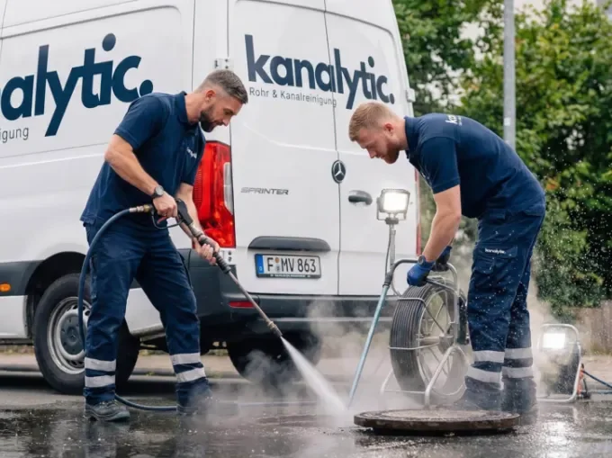 Techniker der Kanalytic Rohr- und Kanalreinigung bei der Hochdruckspülung am Kanalschacht