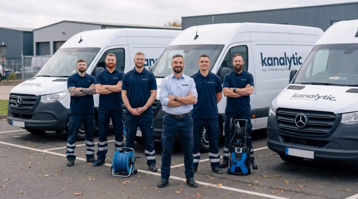 Team der Kanalytic Rohr- und Kanalreinigung vor den Einsatzfahrzeugen