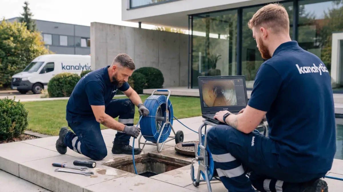 Techniker zeigt Hausbesitzer Live-Bilder aus der Kanalkamera