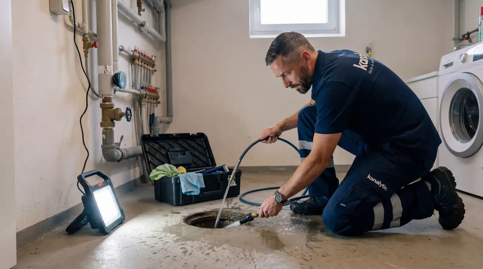 Besorgter Hausbesitzer spricht mit Techniker über Wasserschaden durch verstopftes Rohr