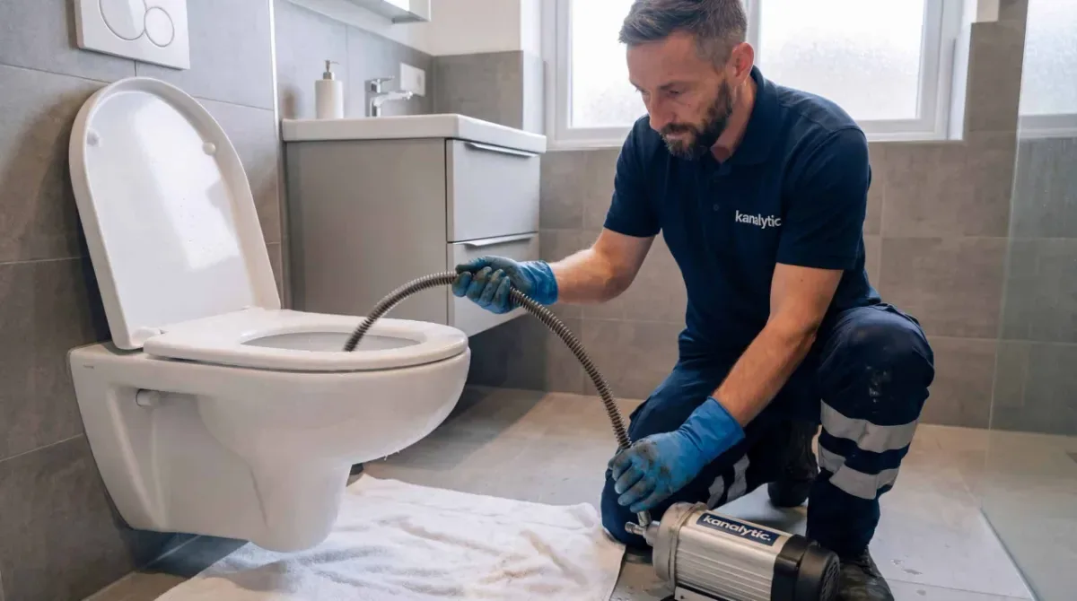 Techniker beruhigt Hausbesitzer bei einer verstopften Toilette